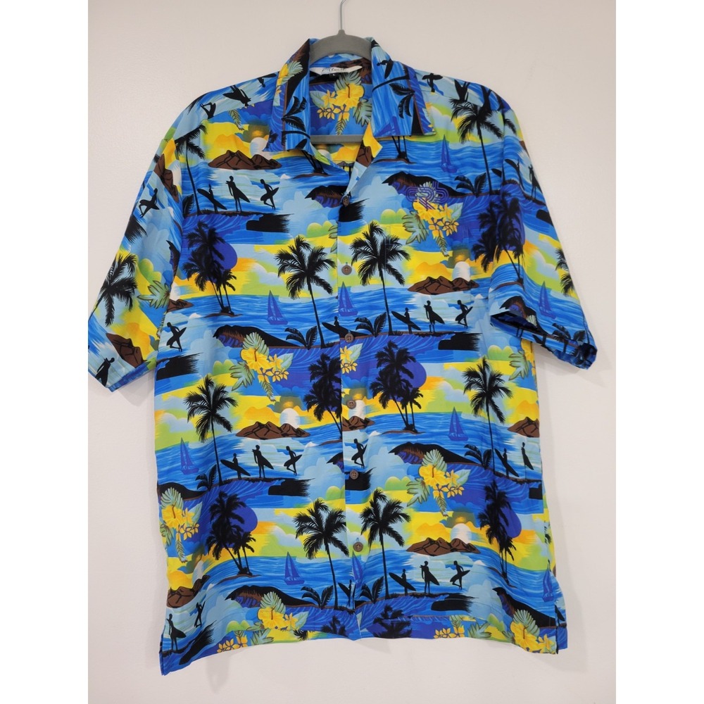Hawaiin Shirt Alvish Blue Yellow  Button Shirt Surfer Beach Large